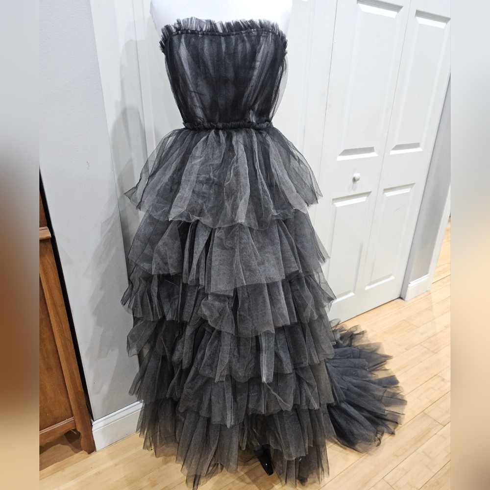 Dolls Kill Unholy Dramatic Flair Tiered Black Gray Tulle Maxi Dress Gown S - Picture 3 of 16